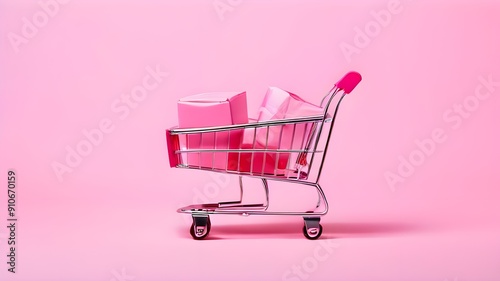 Generative AI, pink shopping cart on pink background, minimalistic shop online, free delivery, discounts and sale concept.