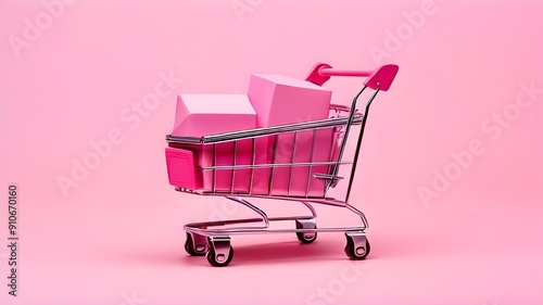 Generative AI, pink shopping cart on pink background, minimalistic shop online, free delivery, discounts and sale concept., pink shopping cart with heart