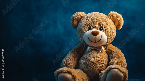Cute teddy bear casual dressed, with a big smile, on a dark blue background with copy space