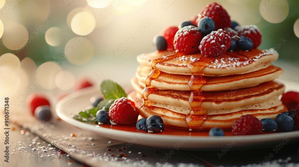 Create a realistic background with a stack of fluffy pancakes topped with fresh berries and syrup Create a realistic background with a stack of fluffy pancakes topped with fresh berries and syrup