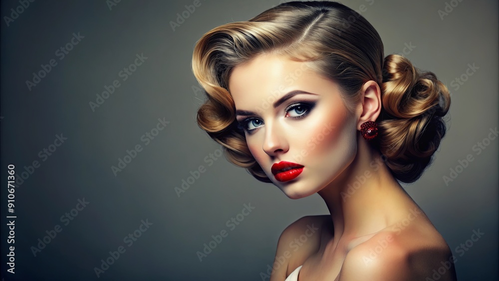 Feminine retro fashion model with elegant hairstyle and red lipstick, retro, vintage, fashion, portrait, beauty, style