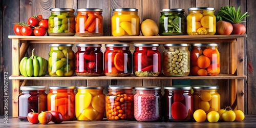 Canned fruits in jars and fresh fruits stand in the cupboard, Canned fruits, jars, fresh fruits