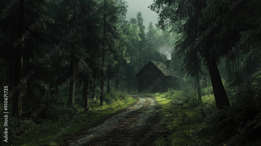 A Cabin in a Misty Forest Path A Cabin in a Misty Forest Path