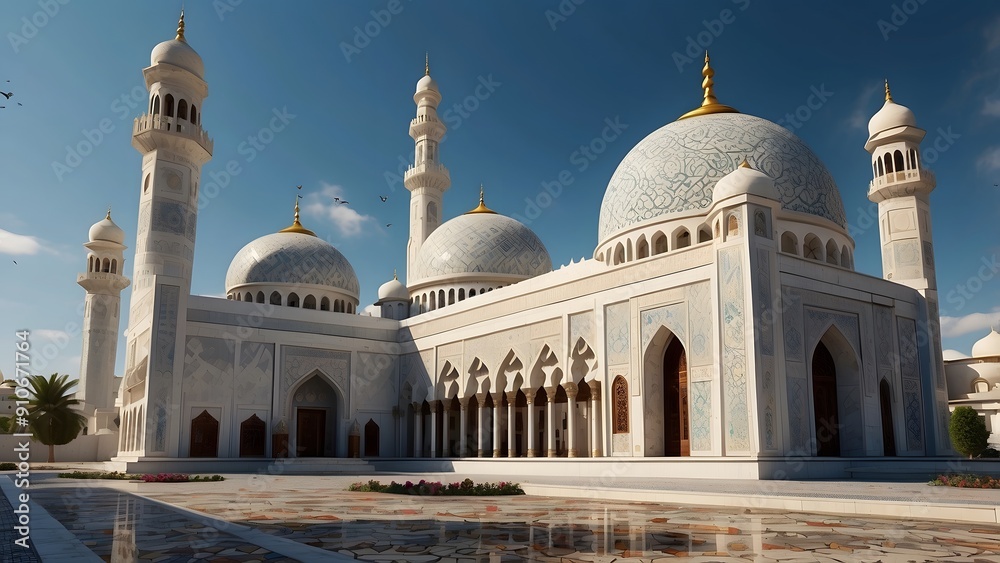 Obraz premium Small mosque exterior design, full white color theme, real estate masjid cinematic exterior front elevation architecture design 