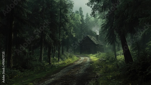 A Cabin in a Misty Forest Path