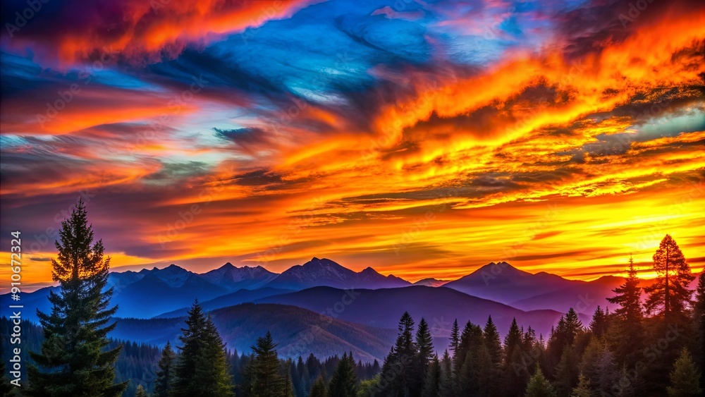 Vibrant sunset over a mountain range with colorful sky and silhouette of trees , sunset, mountains, sky, colorful, vibrant Vibrant sunset over a mountain range with colorful sky and silhouette of trees , sunset, mountains, sky, colorful, vibrant