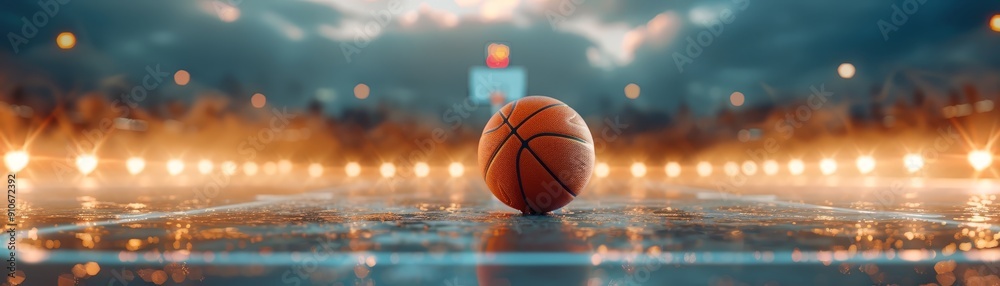 Basketball on Wet Court Under Bright Lights