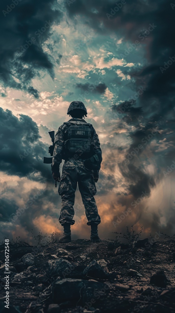 Silhouette of solder standing in the middle of war field. Silhouette of solder standing in the middle of war field.