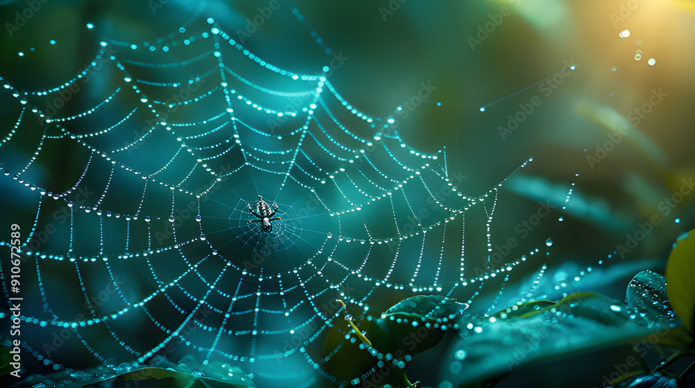 Spider white web covered with morning moss and fog on meadow in morning. Natural green grass mist blur background. Realistic animal insect clipart template pattern. Spider white web covered with morning moss and fog on meadow in morning. Natural green grass mist blur background. Realistic animal insect clipart template pattern.