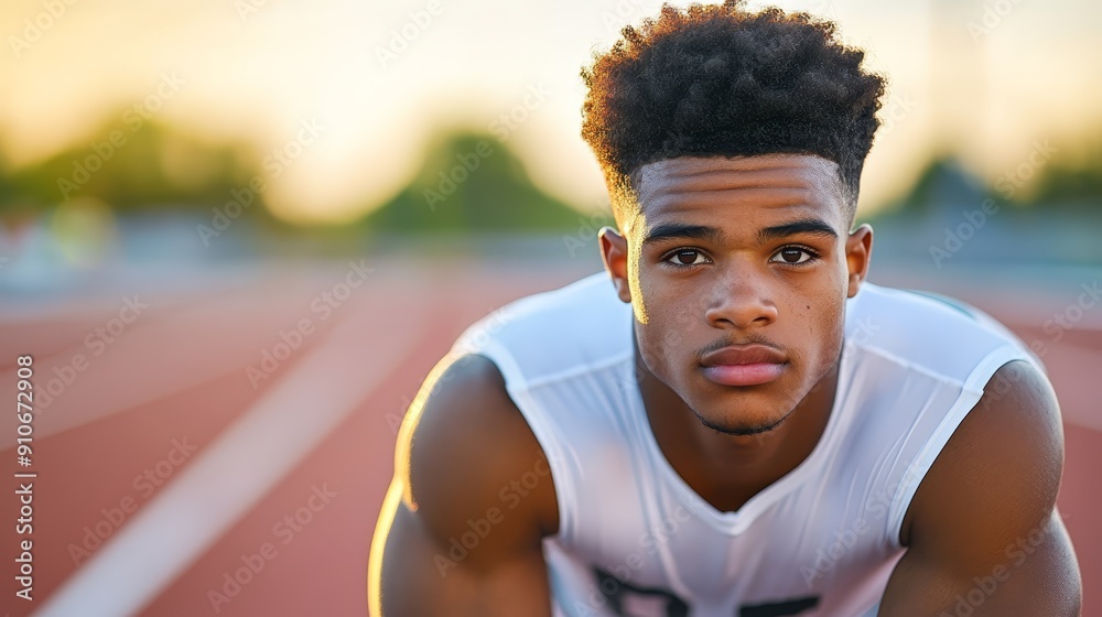 Focused Young Athlete Preparing for Track Race Focused Young Athlete Preparing for Track Race