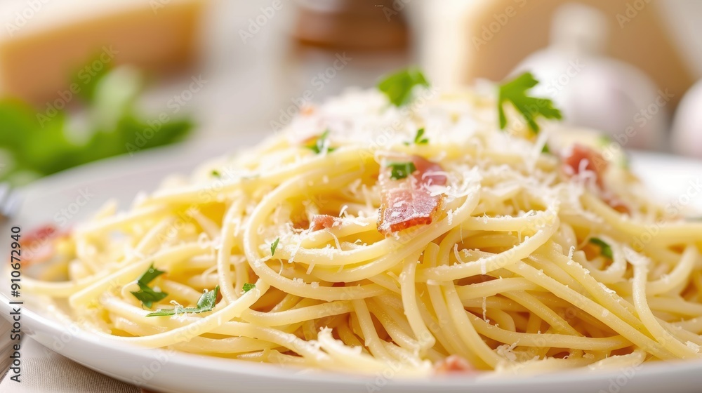 Delicious spaghetti topped with cheese, herbs, and bacon. Perfect for pasta lovers seeking a simple yet flavorful dish. Delicious spaghetti topped with cheese, herbs, and bacon. Perfect for pasta lovers seeking a simple yet flavorful dish.