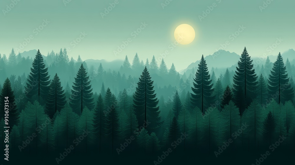 Fototapeta premium Serene Sunrise Over Evergreen Forest