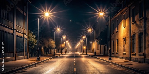 Dark, empty street illuminated by dim streetlights at night , urban, cityscape, nighttime, urban landscape, deserted