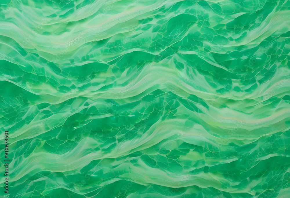 An abstract pattern of green waves resembling water surface, with a textured appearance a vibrant green color with a marbled effect, resembling jade. The light creates movement in the design. An abstract pattern of green waves resembling water surface, with a textured appearance a vibrant green color with a marbled effect, resembling jade. The light creates movement in the design.