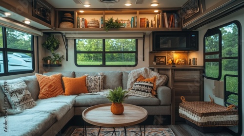 Stylish and functional RV interior living room with cozy seating area and comfortable sofa.