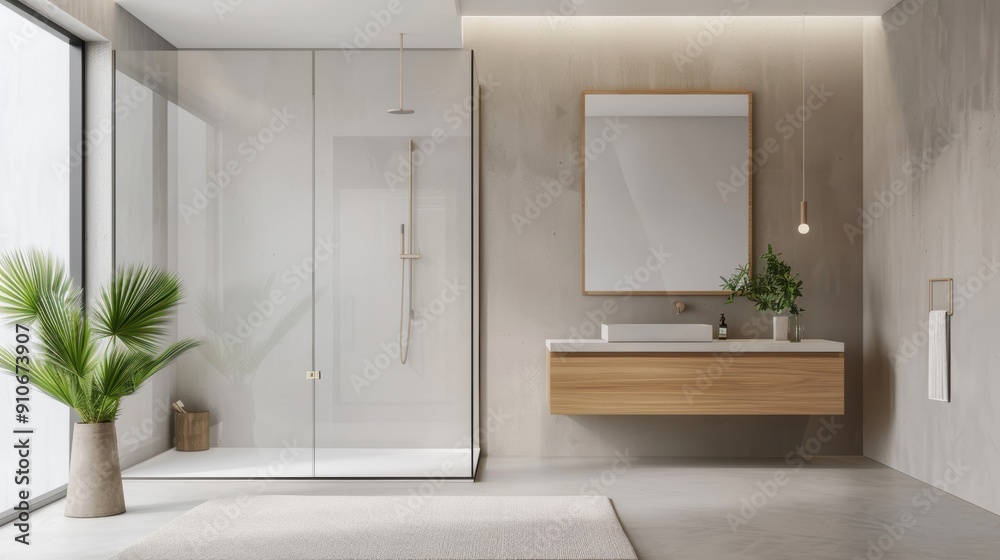Fototapeta premium Modern bathroom interior featuring sleek design, glass shower, wooden vanity, and natural light for a fresh ambiance.