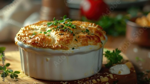 A delicious casserole, covered in cream sauce and garnished with herbs and parmesan cheese, ready to be served. photo