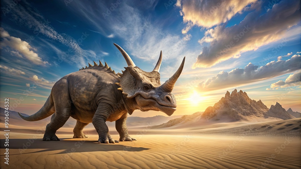 Fototapeta premium Triceratops walking through sandy desert on a sunny afternoon, dinosaur, triceratops, prehistoric, extinct, herbivore, lizard, reptile