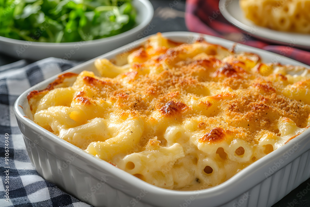Creamy macaroni and cheese with golden cheese sauce and baked breadcrumb crust on a cozy dining table Creamy macaroni and cheese with golden cheese sauce and baked breadcrumb crust on a cozy dining table