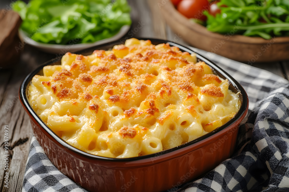 Baked macaroni and cheese with creamy cheese sauce and crispy breadcrumb topping on a cozy dining table Baked macaroni and cheese with creamy cheese sauce and crispy breadcrumb topping on a cozy dining table
