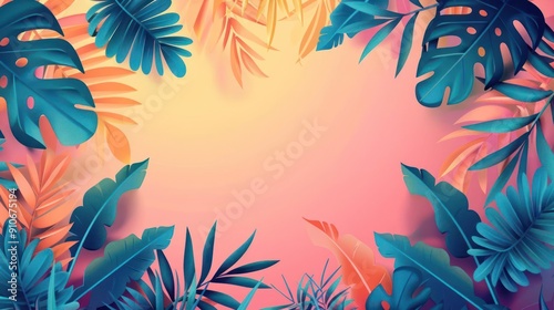 Gorgeous beach scene with palm leaves, sunset vibes and a colorful tropical feel