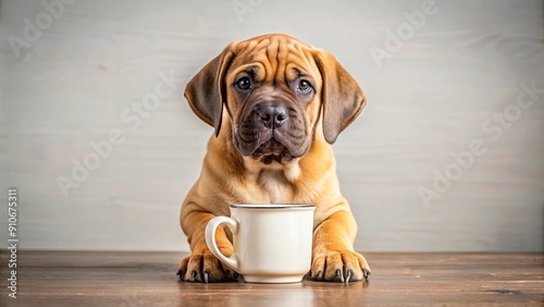 Boerboel puppy with a coffee mug, funny and cute pet concept, , Boerboel, puppy, dog, coffee mug, cute, funny, pet photo