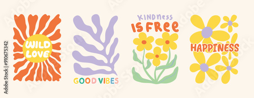 Botanical with words and quotes background art vector set. Flower and leaves abstract shape doodle art design for T-shirt, poster, fabric, packaging, print.