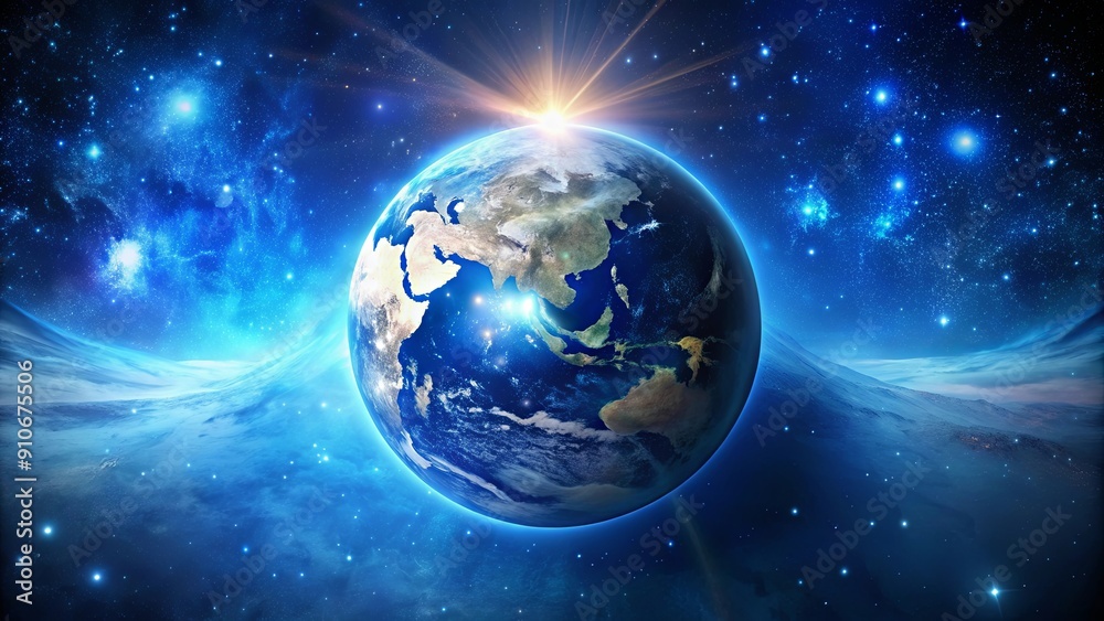 Fototapeta premium Blue planet Earth floating in space surrounded by twinkling stars, Earth, blue, planet, space, stars, floating