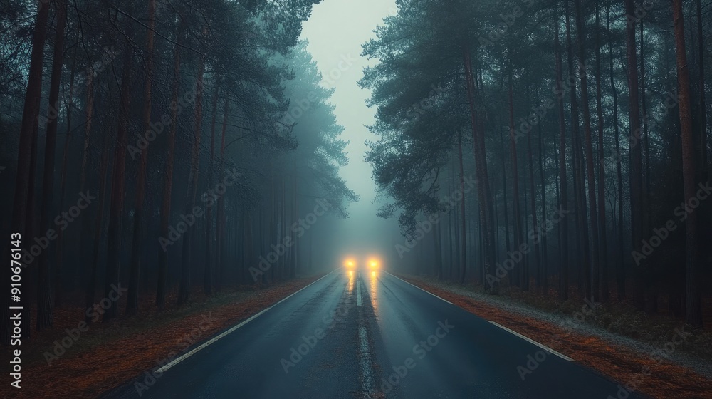 Fototapeta premium A Road Through a Foggy Forest with Car Headlights