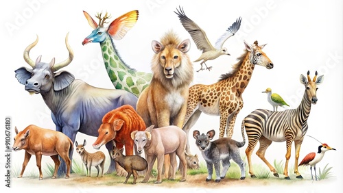 Watercolor painting of a variety of wildlife on a white isolated background, watercolor, wildlife, animals, nature, painting