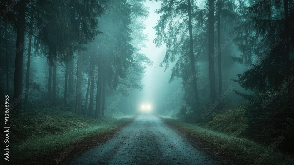 Fototapeta premium A Foggy Forest Path with a Glimmer of Light