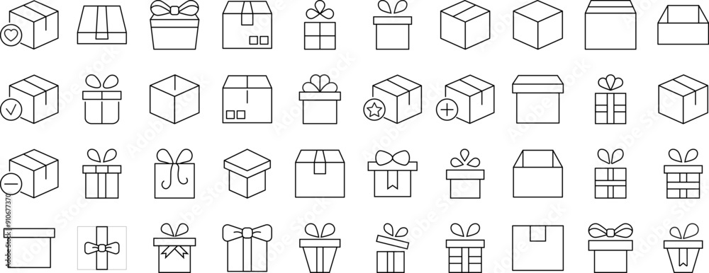 Collection of Line Signs of boxes and giftboxes as holiday and delivery symbols. Suitable for books, stores, shops. Editable stroke in minimalistic outline style. Symbol for design