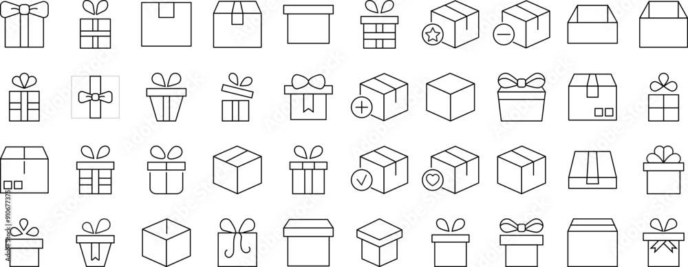Signs of boxes and giftboxes as holiday and delivery symbols for Shops and Stores. Suitable for books, stores, shops. Editable stroke in minimalistic outline style. Symbol for design Signs of boxes and giftboxes as holiday and delivery symbols for Shops and Stores. Suitable for books, stores, shops. Editable stroke in minimalistic outline style. Symbol for design
