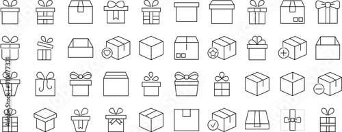 Collection of Icons of boxes and giftboxes as holiday and delivery symbols. Suitable for books, stores, shops. Editable stroke in minimalistic outline style. Symbol for design