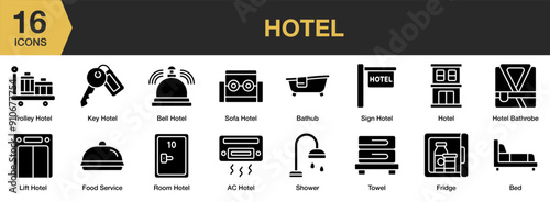 Hotel Glyph icon set. Includes key hotel, bathtub, shower, sofa, trolley, and More. Solid icons vector collection.
