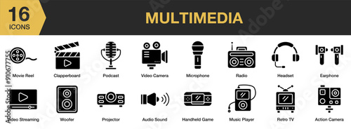 Multimedia Glyph icon set. Includes action camera, audio sound, clapperboard, movie reel, woofer, and More. Solid icons vector collection.