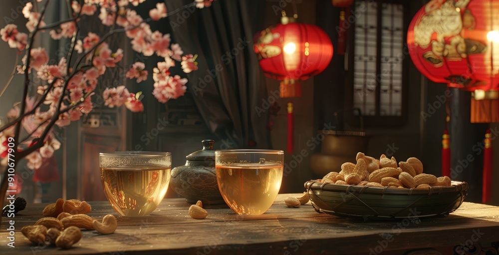 Fototapeta premium Two glasses of tea, a bowl of peanuts, and a teapot on a wooden table, with a cherry blossom branch in the background and red lanterns.
