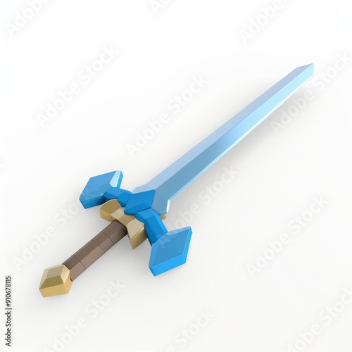 3D Render, Low Poly style of toyblock sword model, on isolated white background, Generative AI photo