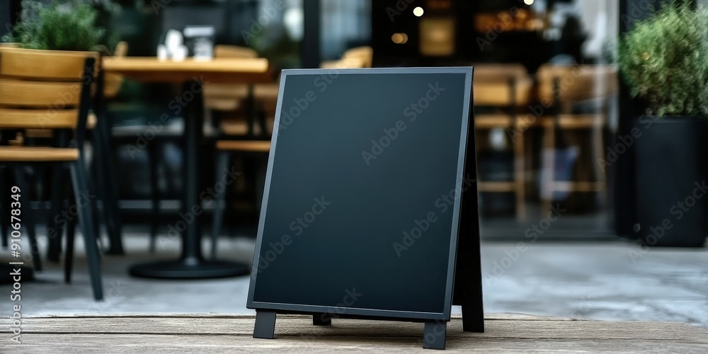 Blank A-Frame Signboard in front of a Restaurant,empty black billboard on the street in front of the restaurant, Mock up Signboard Blank black sign stand shop Restaurant cafe Menu Blank A-Frame Signboard in front of a Restaurant,empty black billboard on the street in front of the restaurant, Mock up Signboard Blank black sign stand shop Restaurant cafe Menu