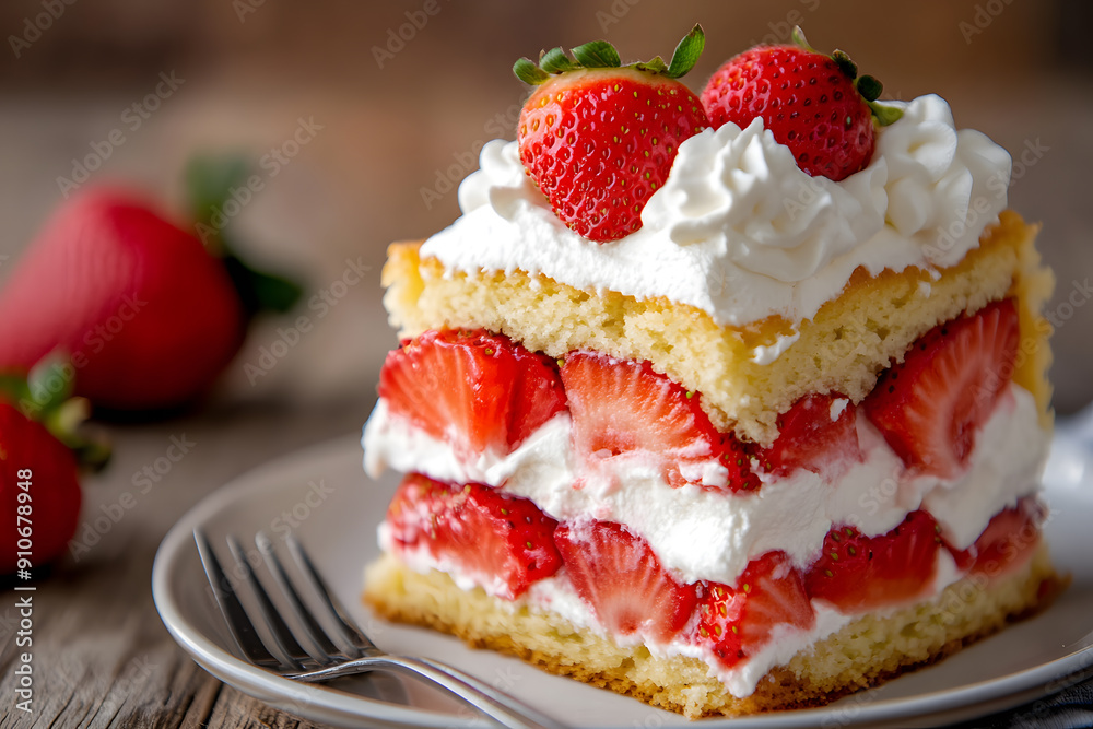 Mouthwatering strawberry shortcake slice with fresh cream and strawberries on a rustic dessert plate Mouthwatering strawberry shortcake slice with fresh cream and strawberries on a rustic dessert plate