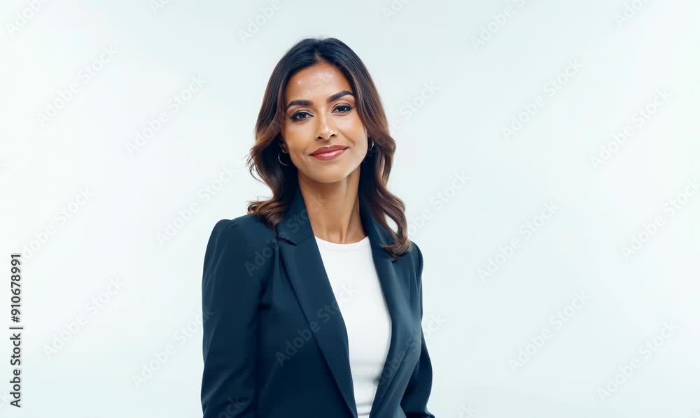 Portrait of a Brazilian woman in her 40s in a white background wearing a classic blazer Portrait of a Brazilian woman in her 40s in a white background wearing a classic blazer
