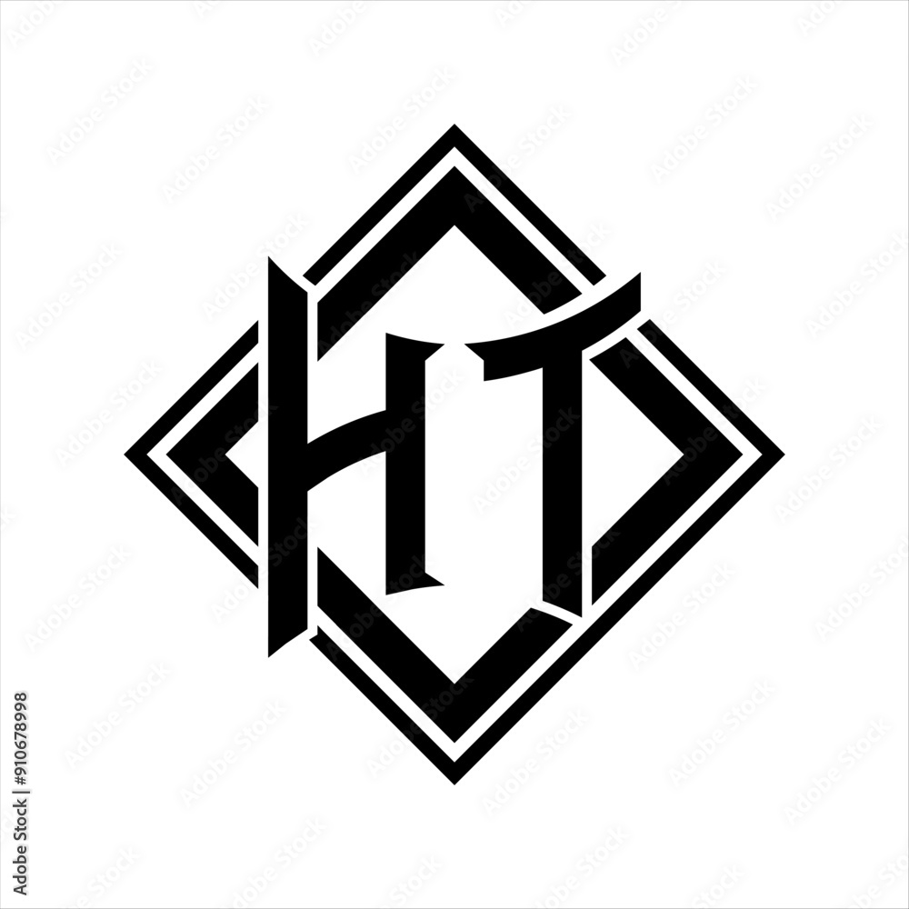 HT Letter logo with abstract shield shape with square black outline on ...