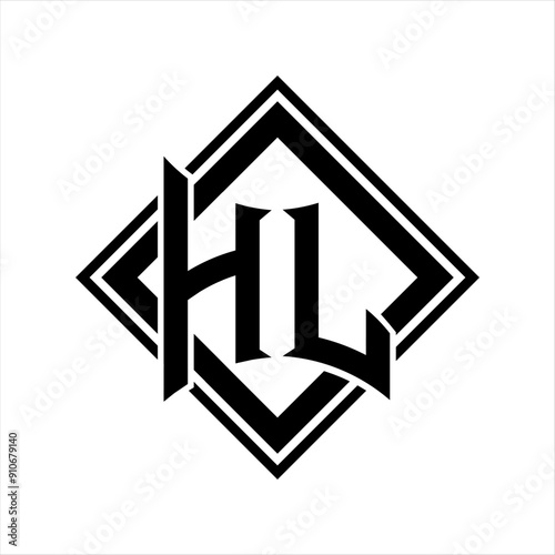 HL Letter logo with abstract shield shape with square black outline on white background design