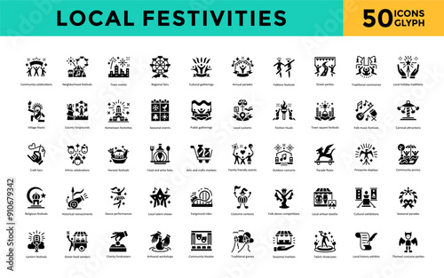 Local festivities icon set with community celebrations, neighborhood festivals, town events, regional fairs, cultural gatherings, annual parades, folklore festivals icon. Simple glyph vector 
