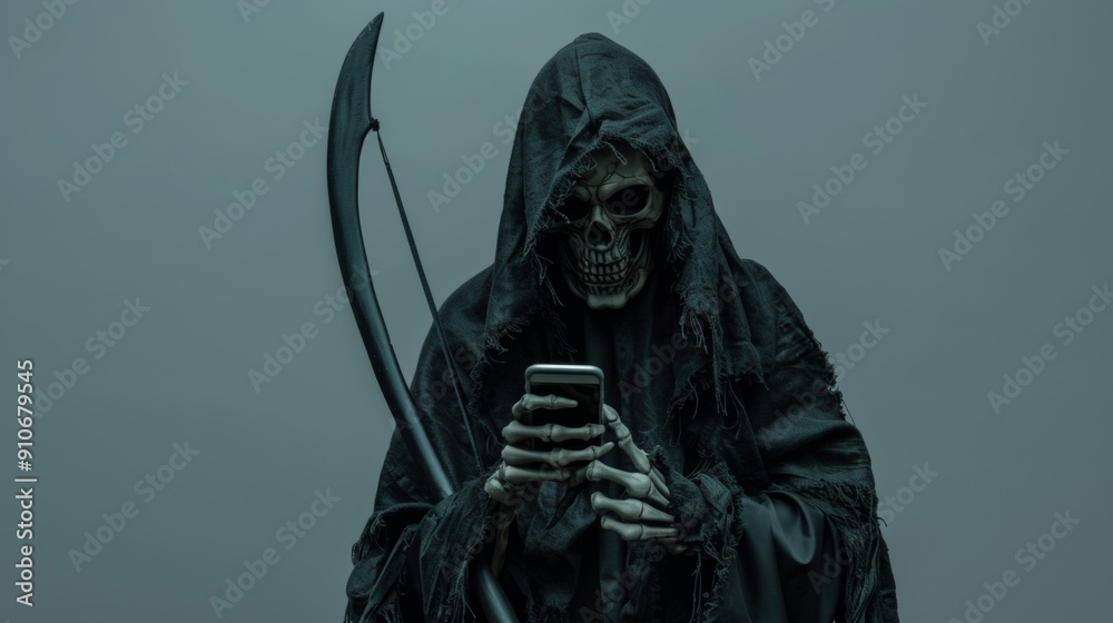 scary grim reaper holding a scythe and a mobile phone in his hands with a background of darkness scary grim reaper holding a scythe and a mobile phone in his hands with a background of darkness