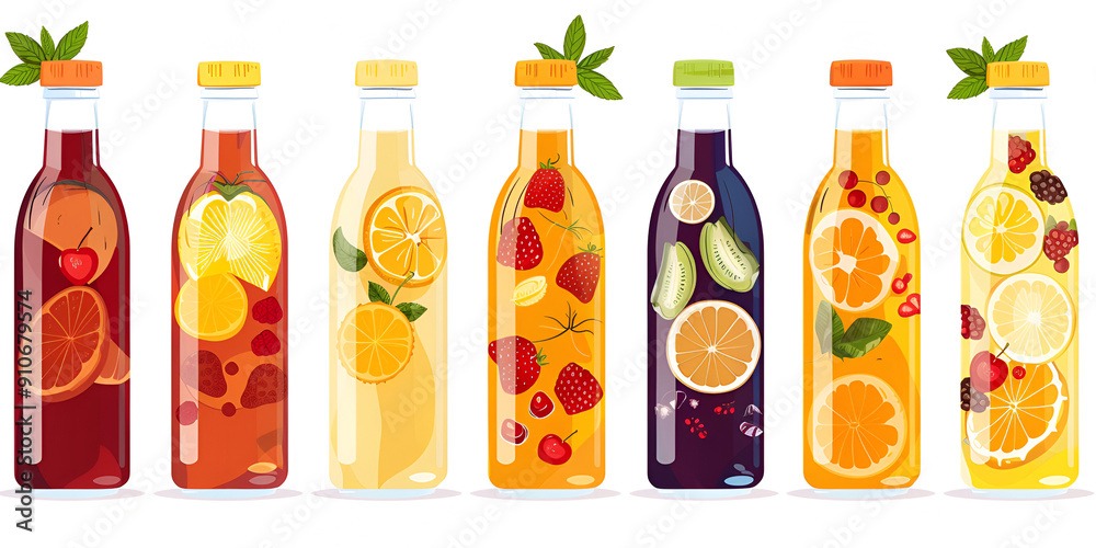 Assorted Fruit Juices in Bottles with Fresh Fruits - Vibrant and Healthy Beverages Assorted Fruit Juices in Bottles with Fresh Fruits - Vibrant and Healthy Beverages