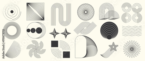 Hand drawn abstract minimal element mid century vector set. Aesthetic contemporary stripe line art, geometric shape in monochrome. Art form design for wall art, decoration, wallpaper.