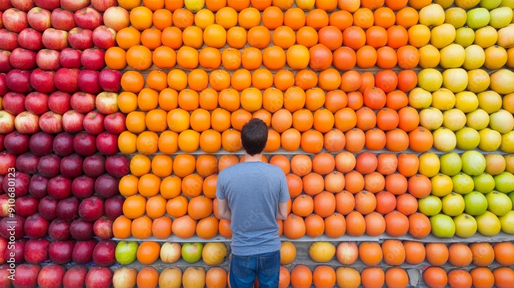 Fototapeta premium Stunning Fruit Stand with Various Apple and Orange Varieties, Featuring a Man Positioned in Front with Ample Copy Space for Banner Use