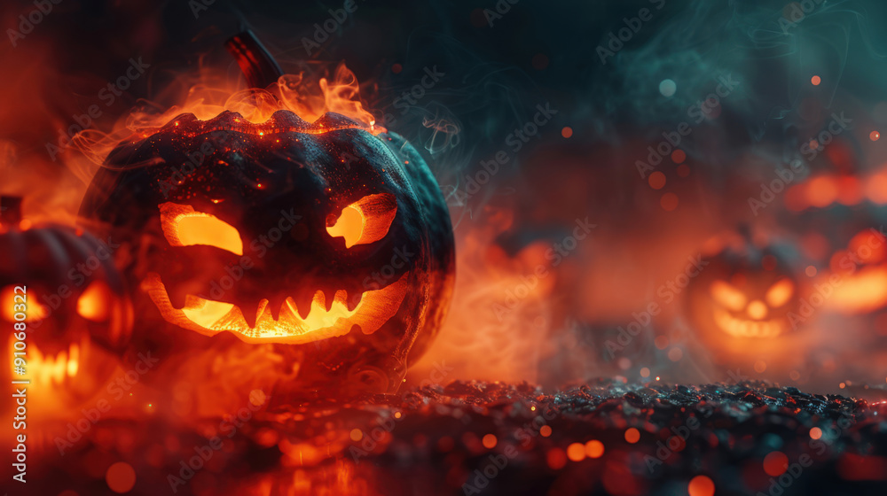 A group of pumpkins with burning eyes and scary smiles stand on the scorched earth. A Halloween banner with a copy space. The action takes place in a dark, eerie atmosphere A group of pumpkins with burning eyes and scary smiles stand on the scorched earth. A Halloween banner with a copy space. The action takes place in a dark, eerie atmosphere