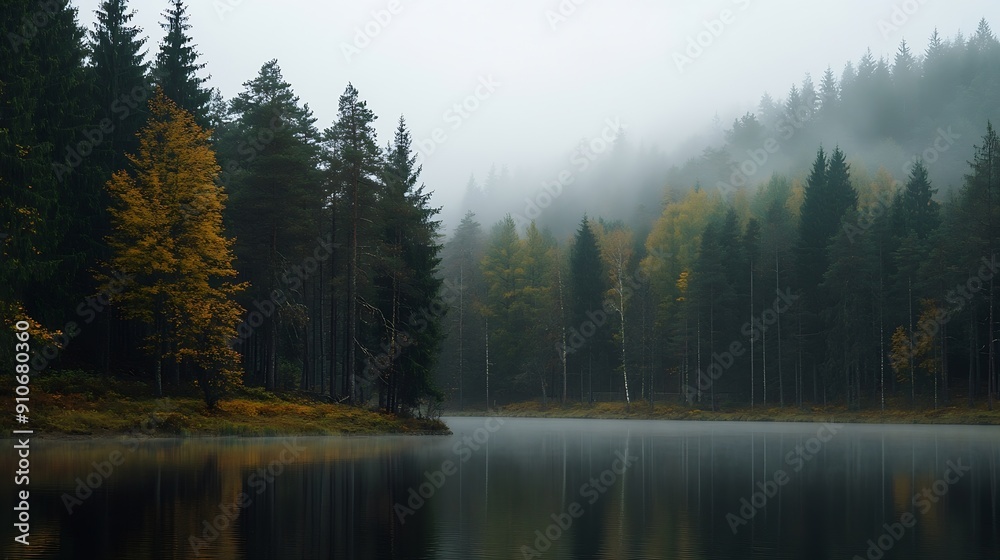 Fototapeta premium Picturesque scenery of the forest lake in a thick white fog Reflections on the water Dark atmospheric landscape Fall season Nature ecology environmental conservation eco tourism : Generative AI